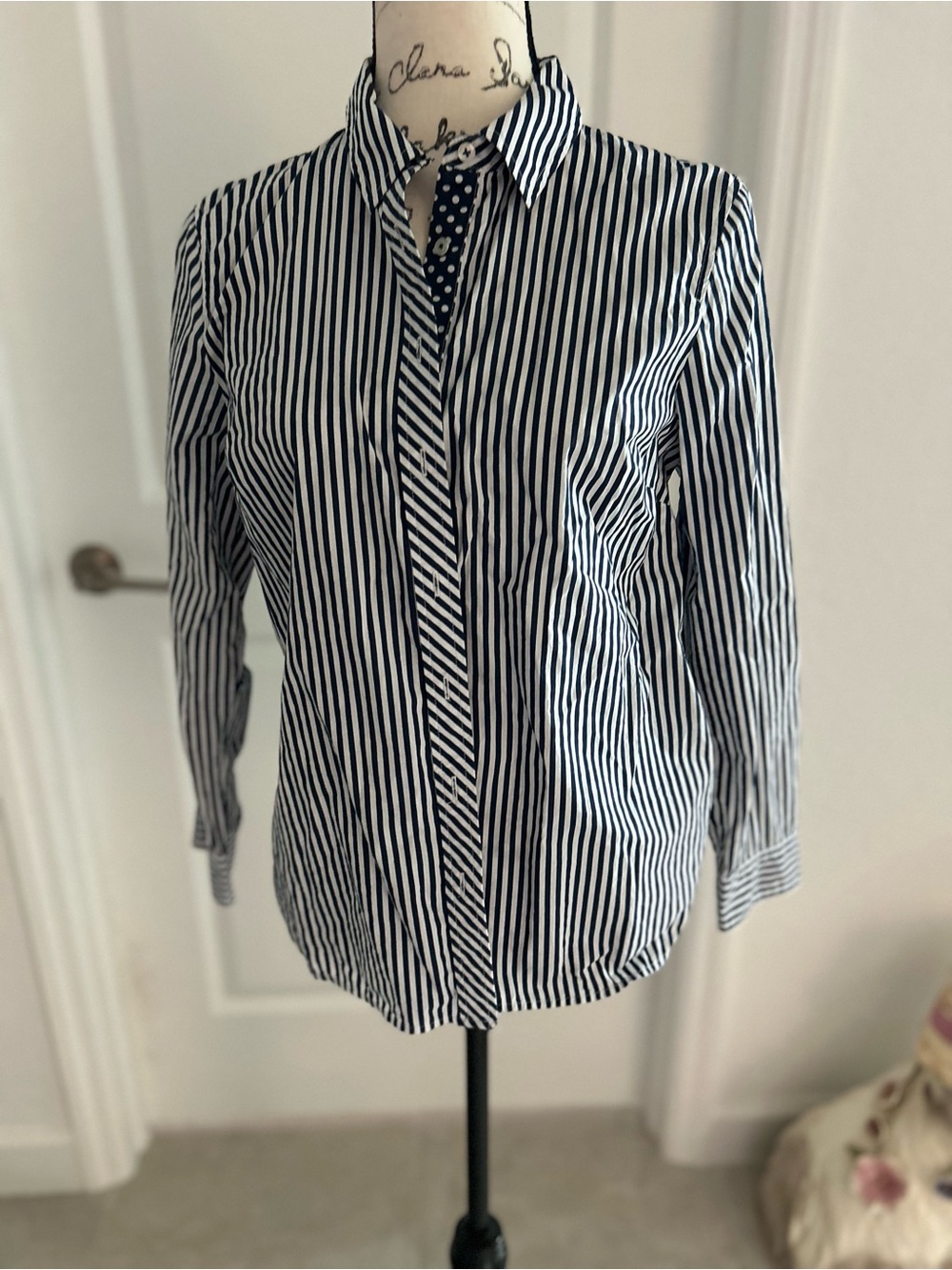 Talbots woman’s Navy and White Striped Button-Up Shirt